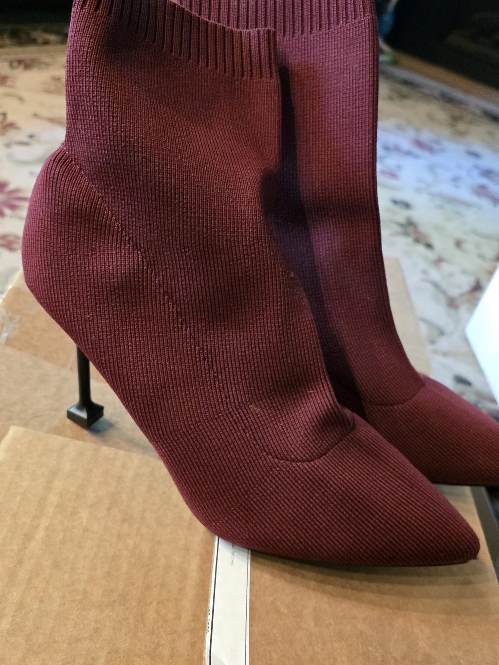 Women's Burgundy Knit Sock Booties - Elegant Pointed Toe Heels